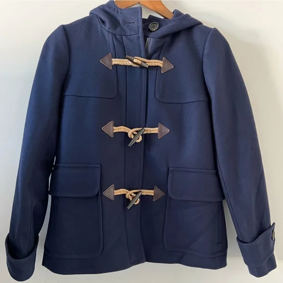 J. Crew Melton Wool Navy Blue Pea Coat With Toogle Front And Hood Size 00 - Picture 1 of 11